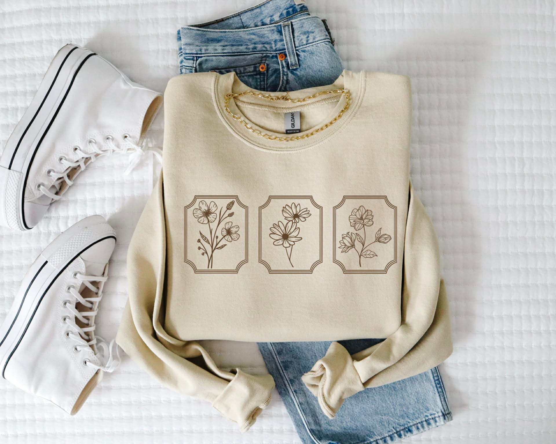 Three Floral Prints (DTF Tan Sweatshirt)