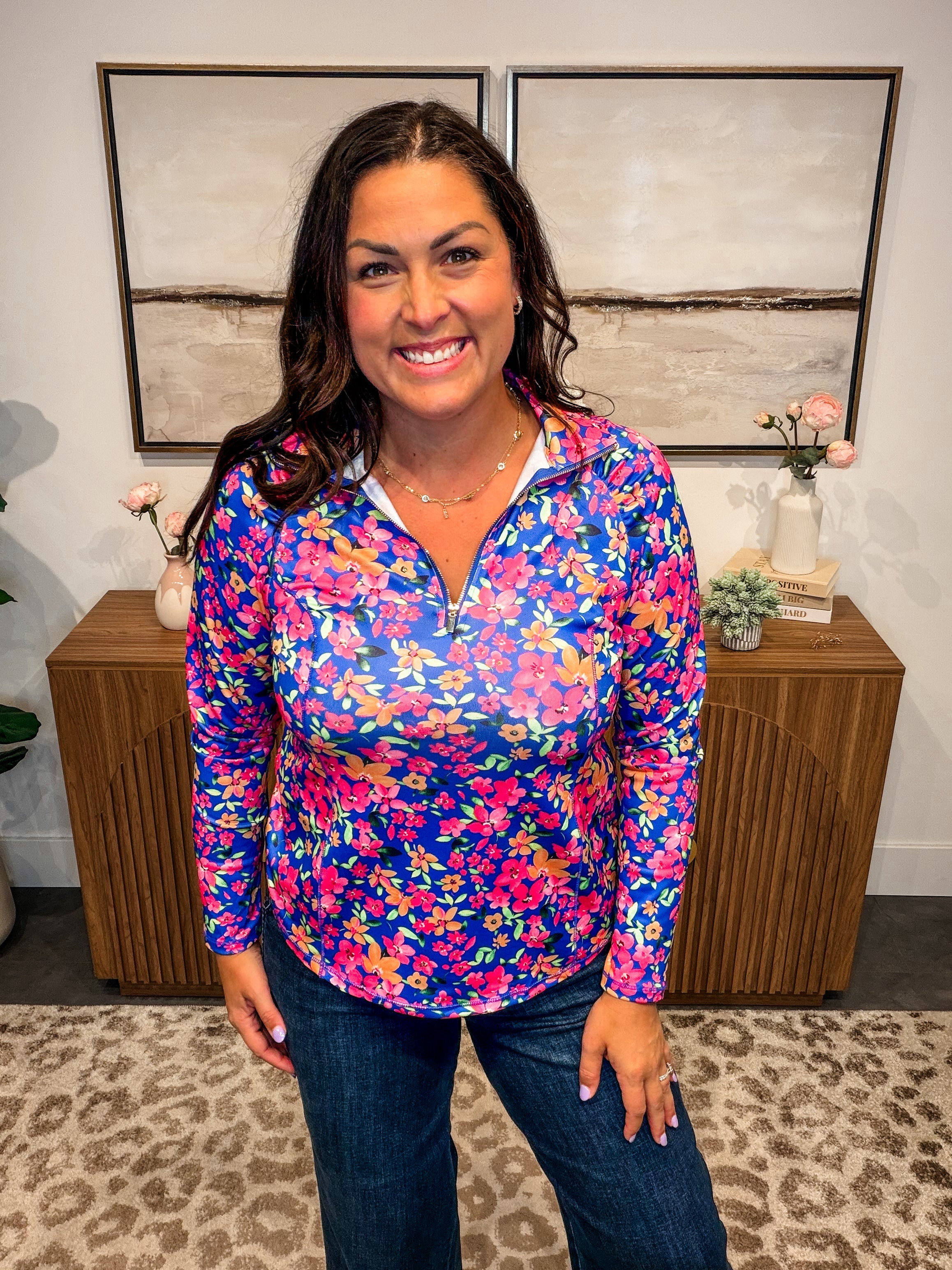 Marina Floral Quarter Zip Top (S-3XL) | Hello Friends Boutique