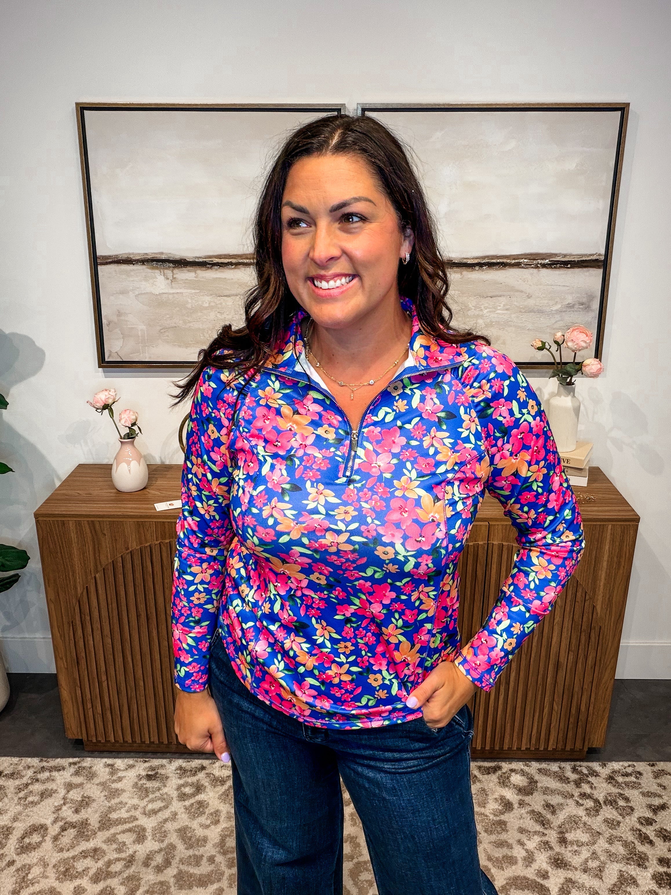 Marina Floral Quarter Zip Top (S-3XL) | Hello Friends Boutique