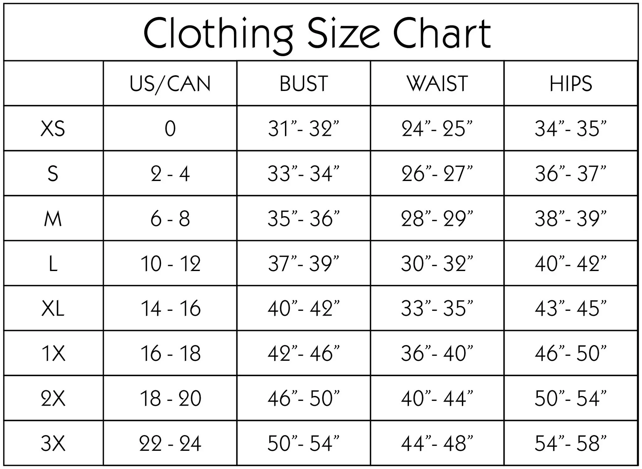 Women's Clothing Size Chart and Measurement Guide