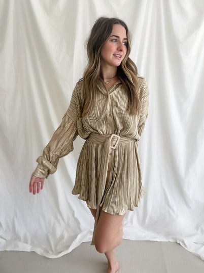 Gold plisse balloon sleeve sales sheer shift dress review