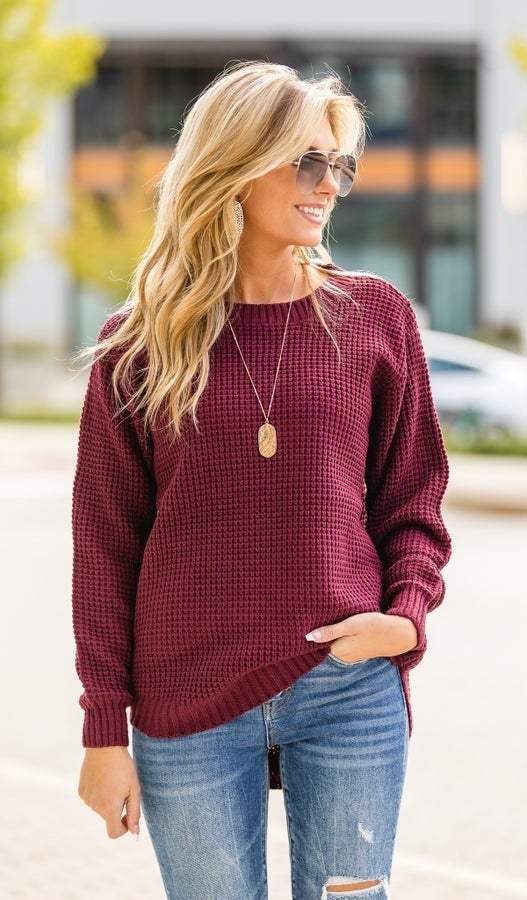 Cozied Up Waffle Knit Sweater, Burgundy 