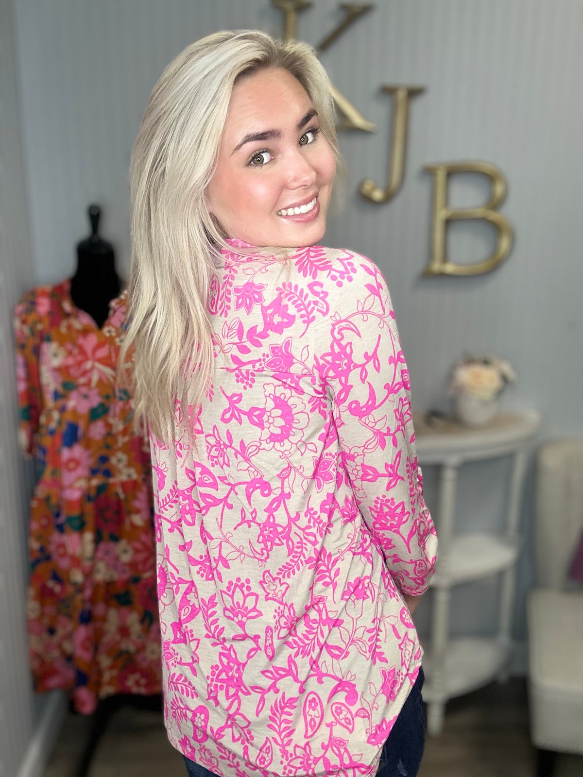 Dear Scarlett Tan Pink Flower Blossom Fine Lizzy Top