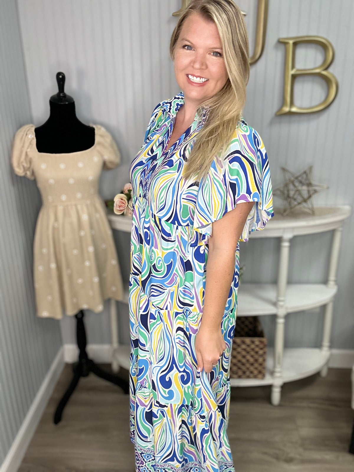 Unique Blue Yellow Swirl Mix Midi Dress | Kaley Jase Boutique