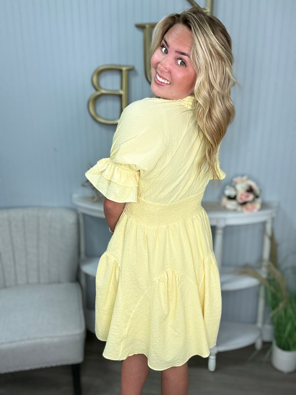 Ice Lemon Ruffle Vneck Tiered Dress