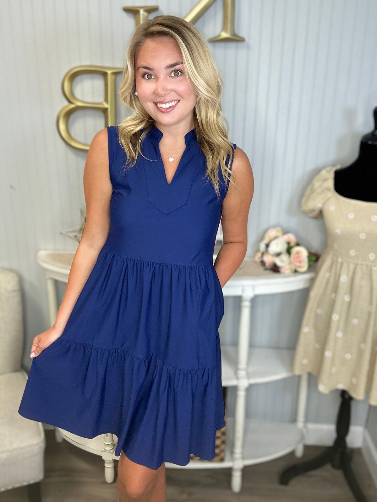 Aryeh Solid Vneck Tiered Sleeveless Dress *Final Sale*