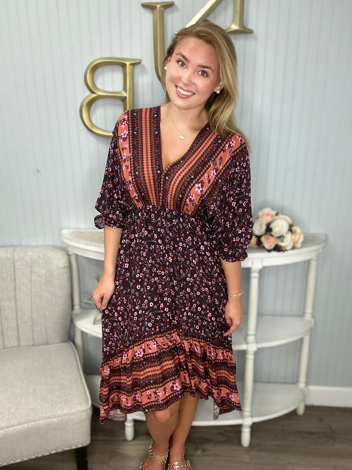 Cocoa Combo Fall Floral Hi Low Dress *Final Sale* | Kaley Jase Boutique Cocoa Combo Fall Floral Hi Low Dress *Final Sale* | Kaley Jase Boutique