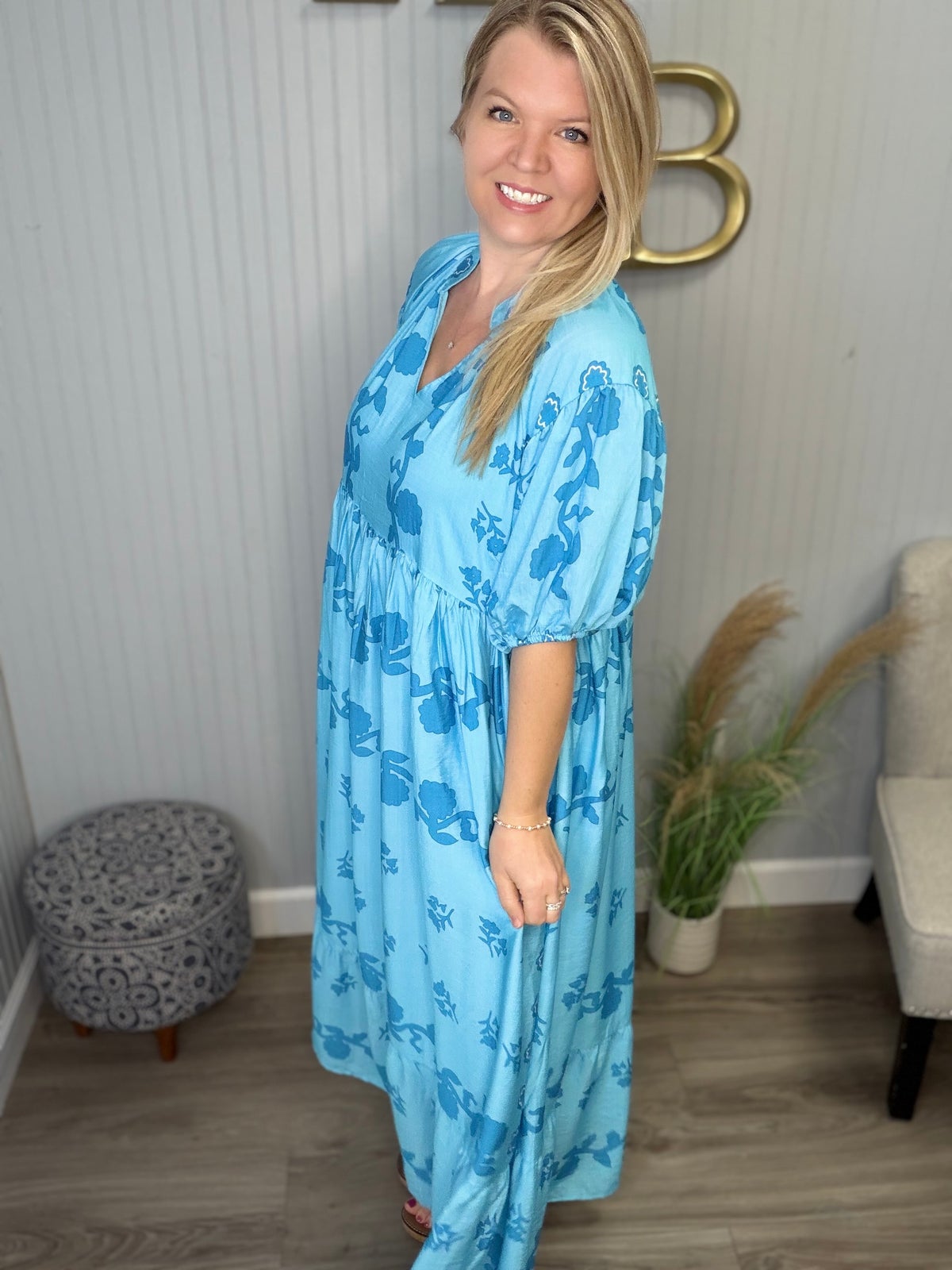 Umgee Vine Stippling Print Maxi Dress in Chambray M