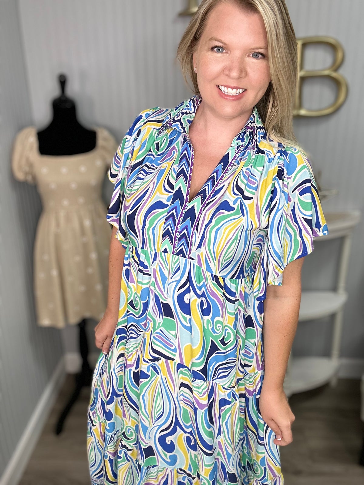 Unique Blue Yellow Swirl Mix Midi Dress | Kaley Jase Boutique