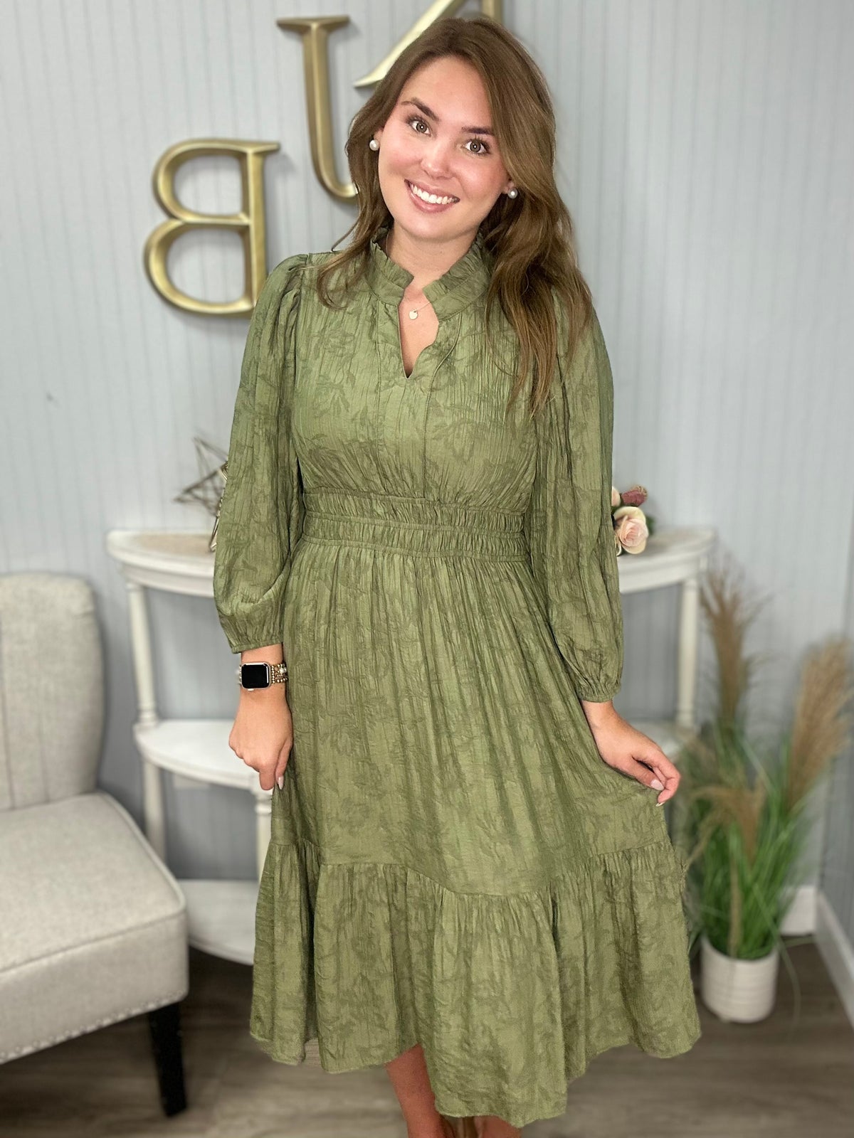 Olive Flower Textured Tiered Bottom Midi Dress *Final Sale* | Kaley Jase  Boutique