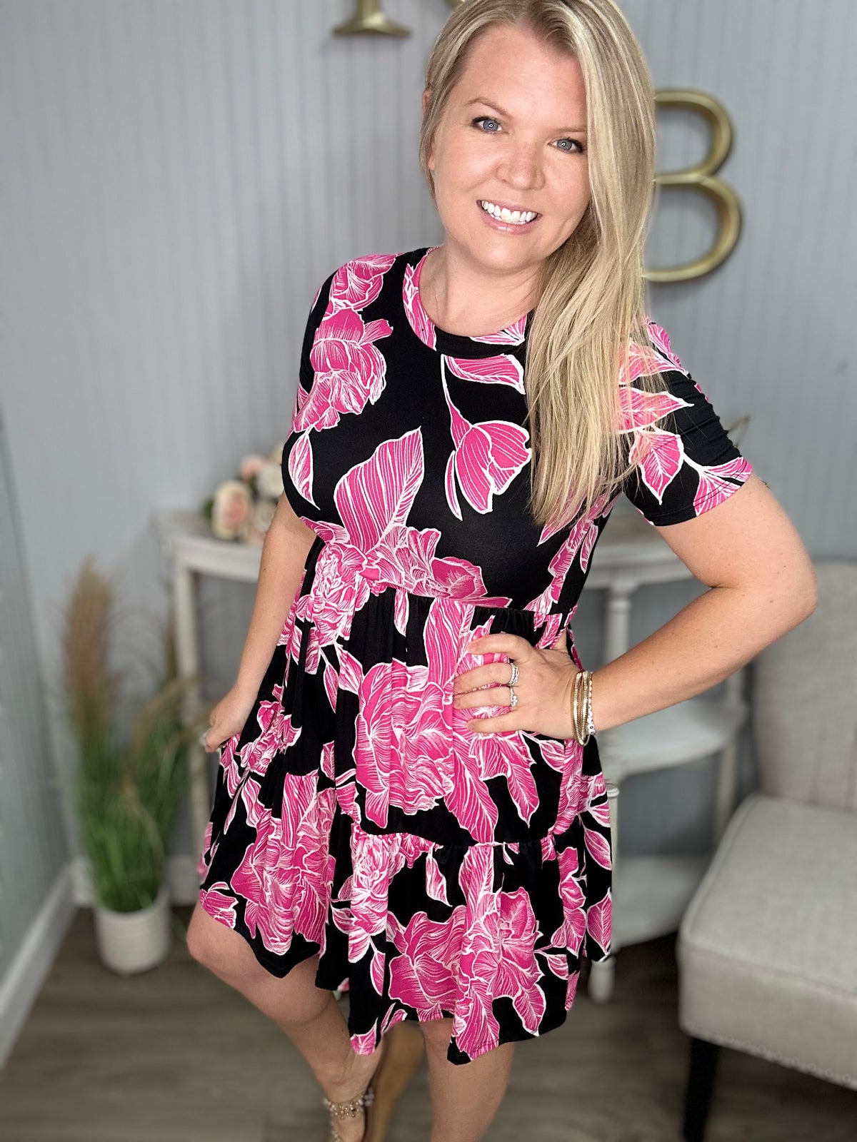 Black Fuchsia Big Floral Buttery Soft Tiered Dress