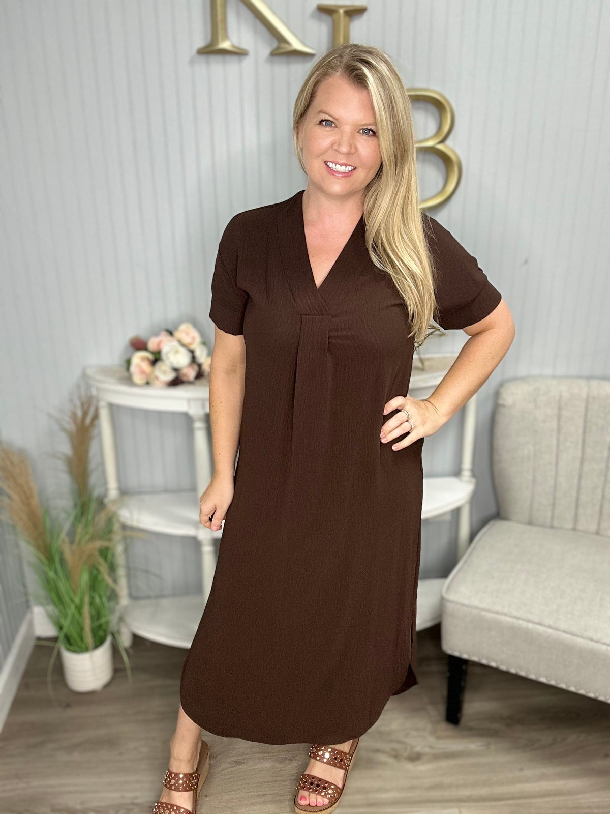 brown flower dress Caramel Textured Bubble Hem Top | Purple Door Boutique main image 0