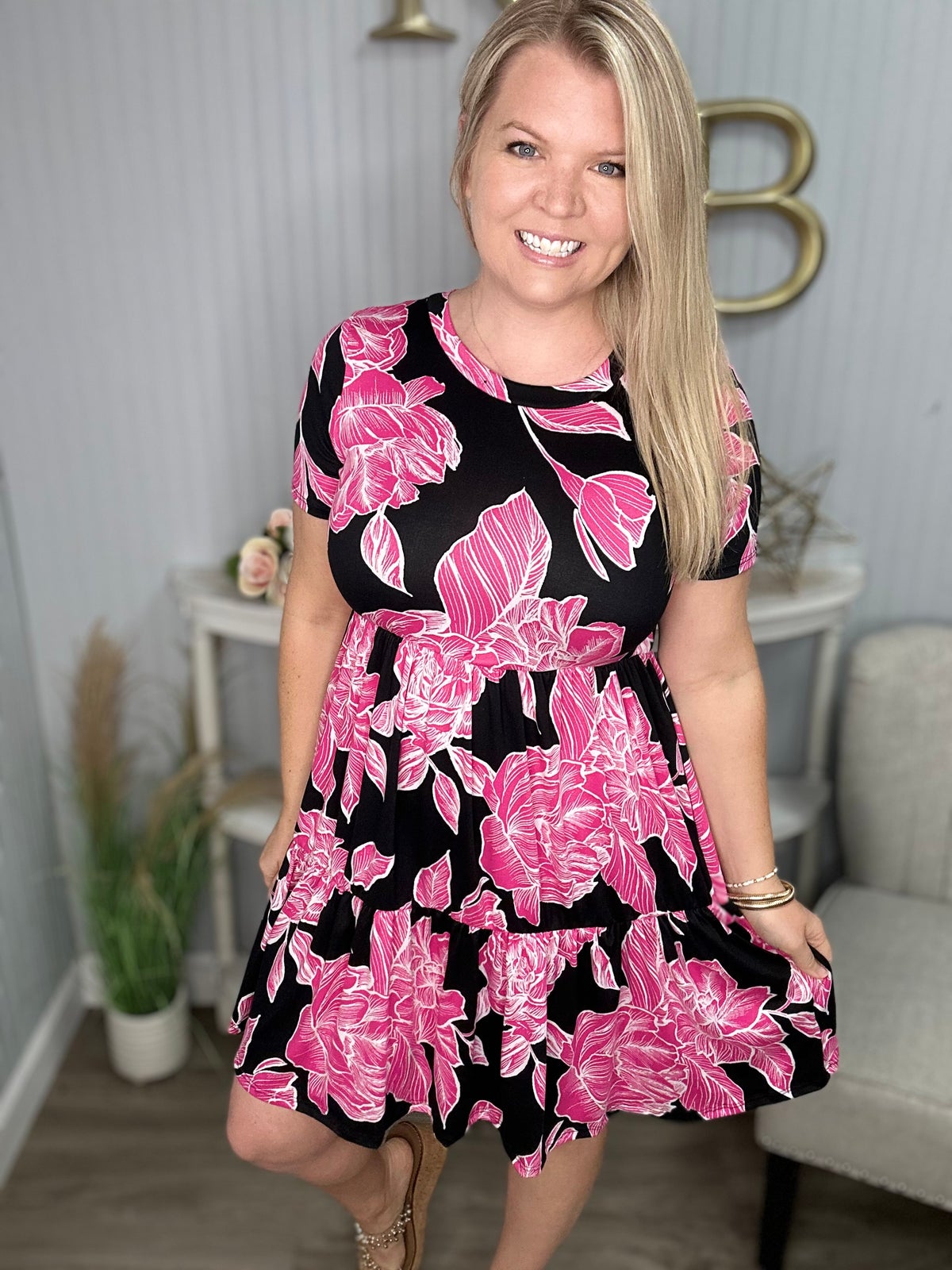 Black Fuchsia Big Floral Buttery Soft Tiered Dress