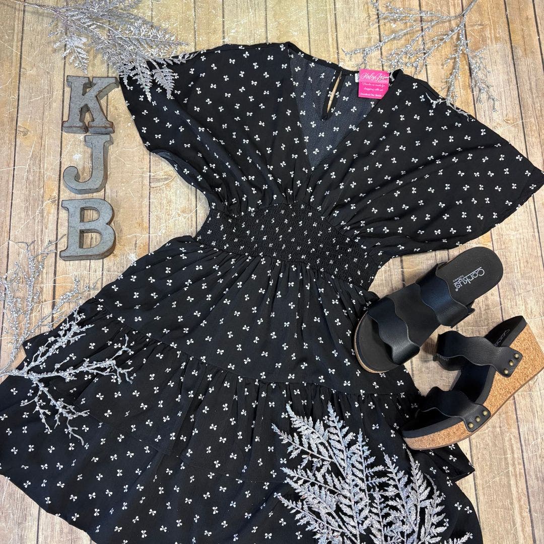 Black Mini Bow Pattern Double Ruffle Bottom Dress *Final Sale* | Kaley Jase  Boutique