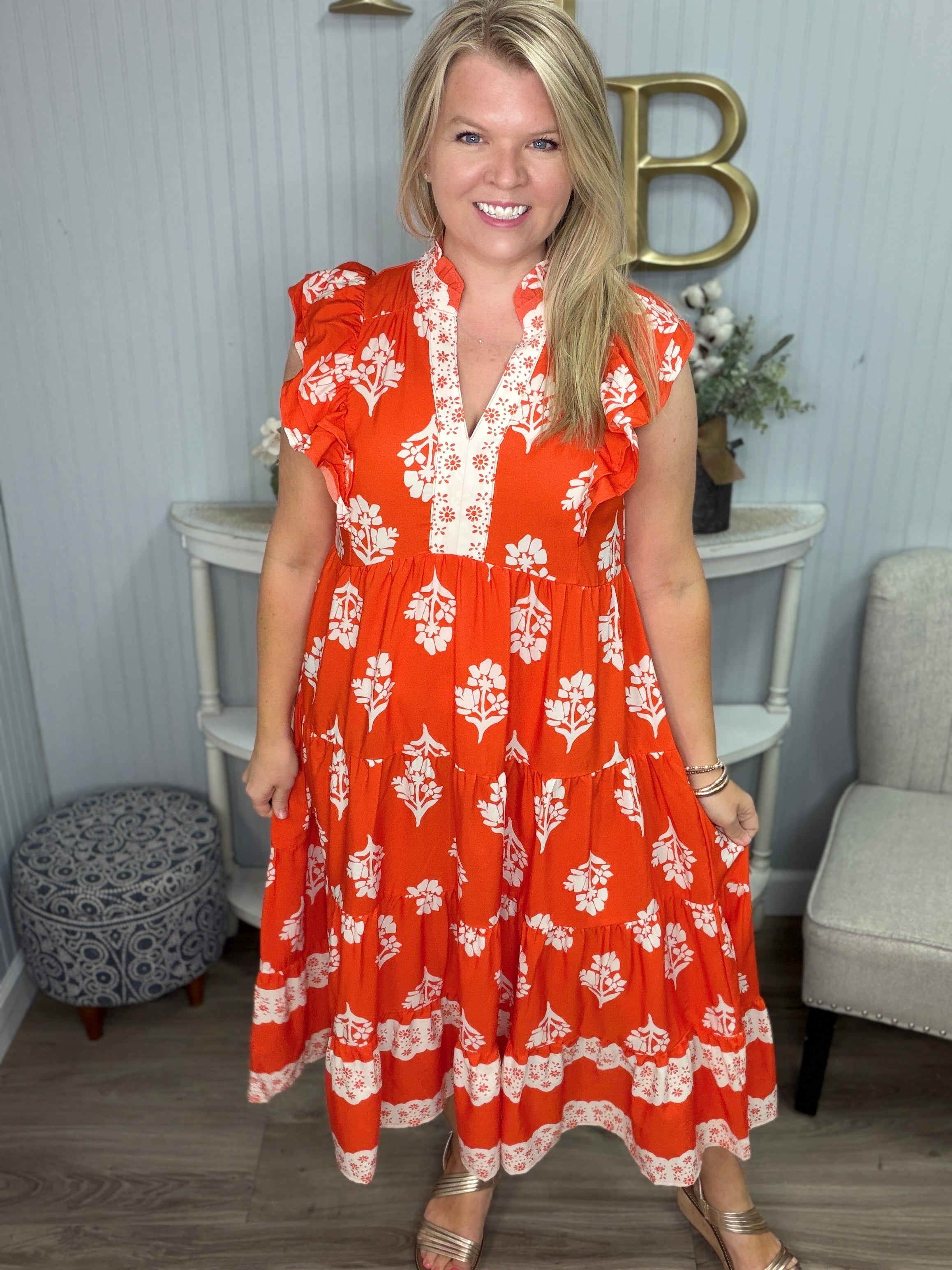 umgee orange dress Umgee Floral Print Tiered Midi Dress  Pink & Orange Puff Sleeve Dress with Pockets