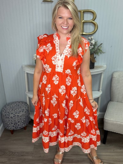 umgee orange dress Umgee Floral Print Tiered Midi Dress Pink & Orange Puff Sleeve Dress with Pockets