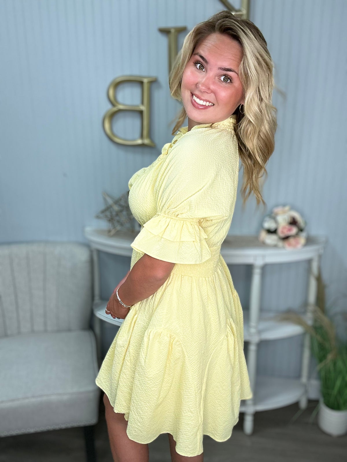 Ice Lemon Ruffle Vneck Tiered Dress