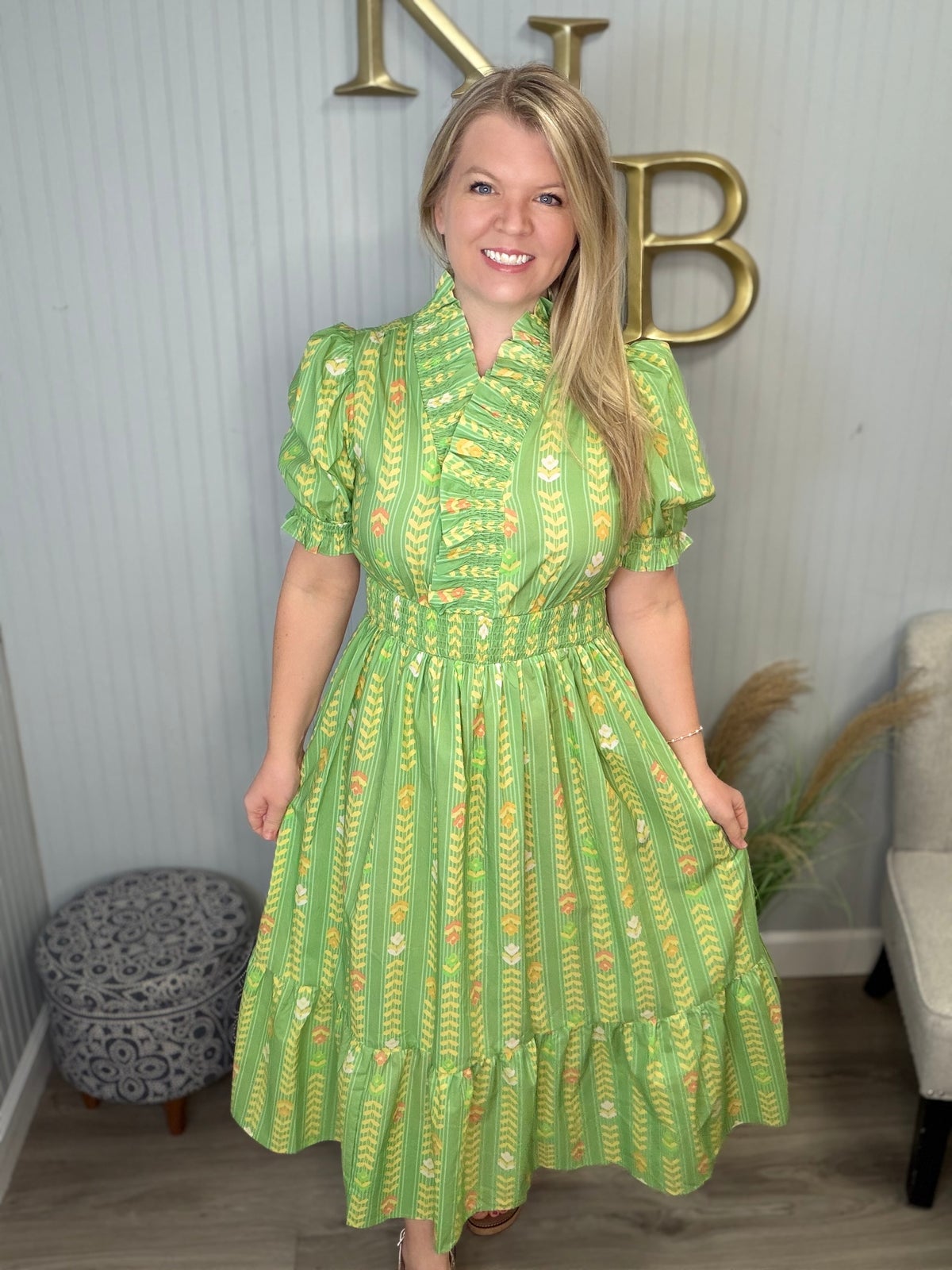 umgee green dress Umgee Printed Notched Midi Dress