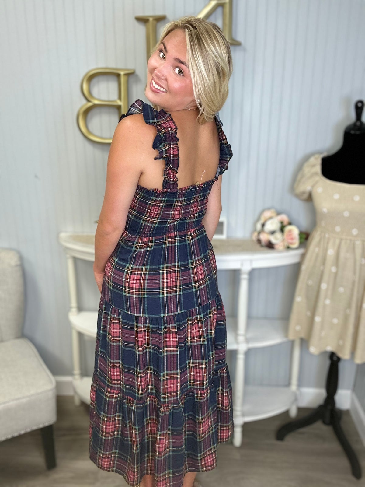 Hunter Plaid Ruffle Strap Midi Dress Kaley Jase Boutique