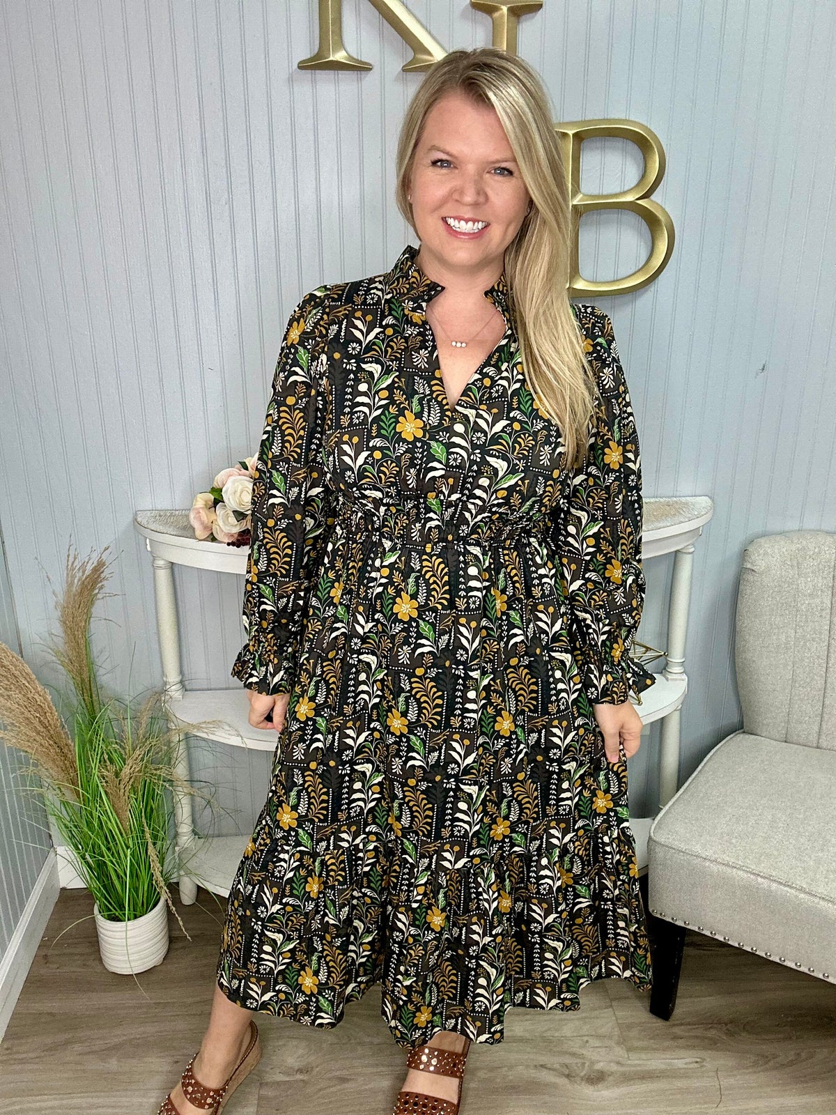 Umgee Exclusive Floral Print Midi Dress in Black Mix S