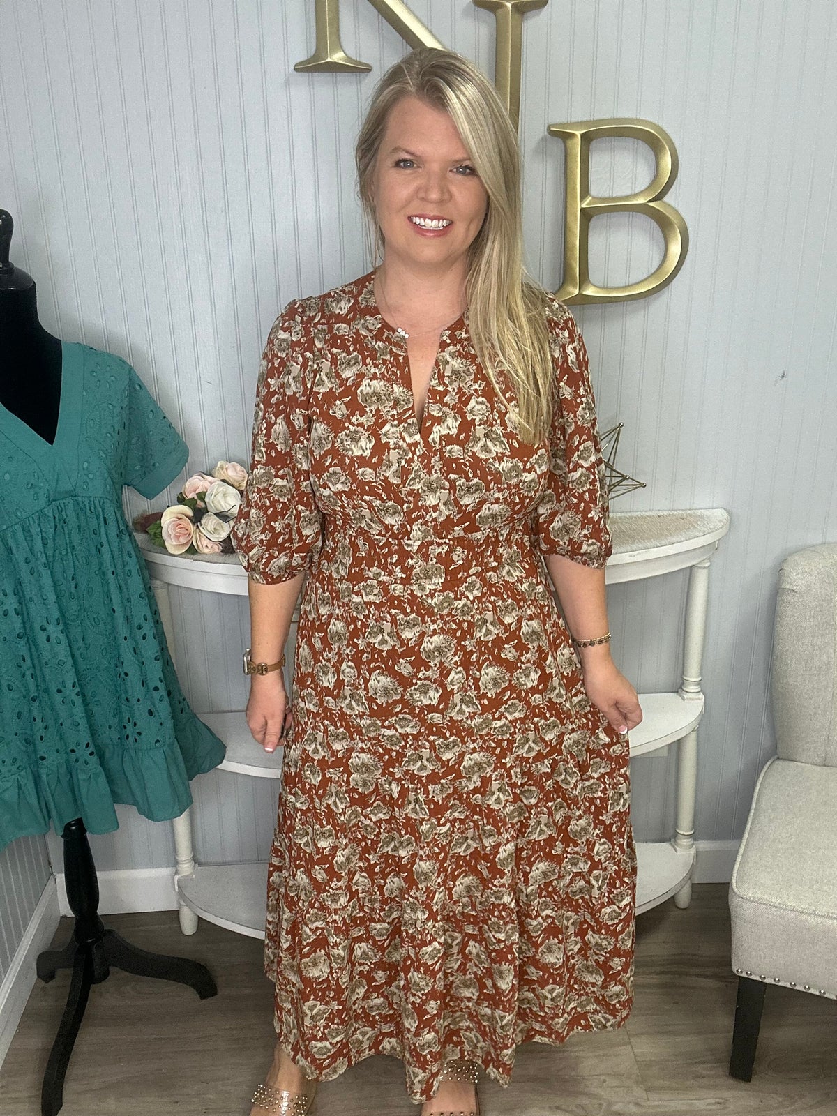 Cinnamon Taupe Pixeled Flower Tiered Midi Dress *Final Sale* | Kaley Jase  Boutique