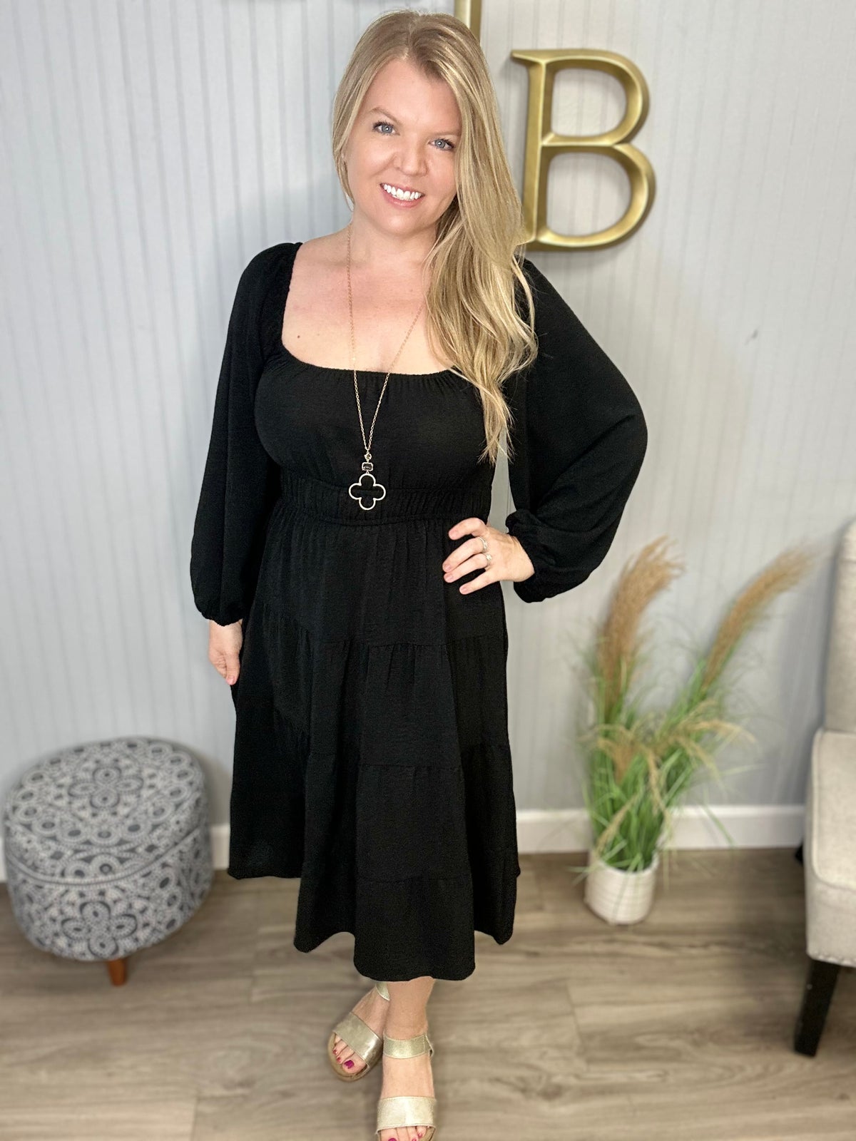 blouson dress midi Black Elastic Waist Tiered Blouson Midi Dress