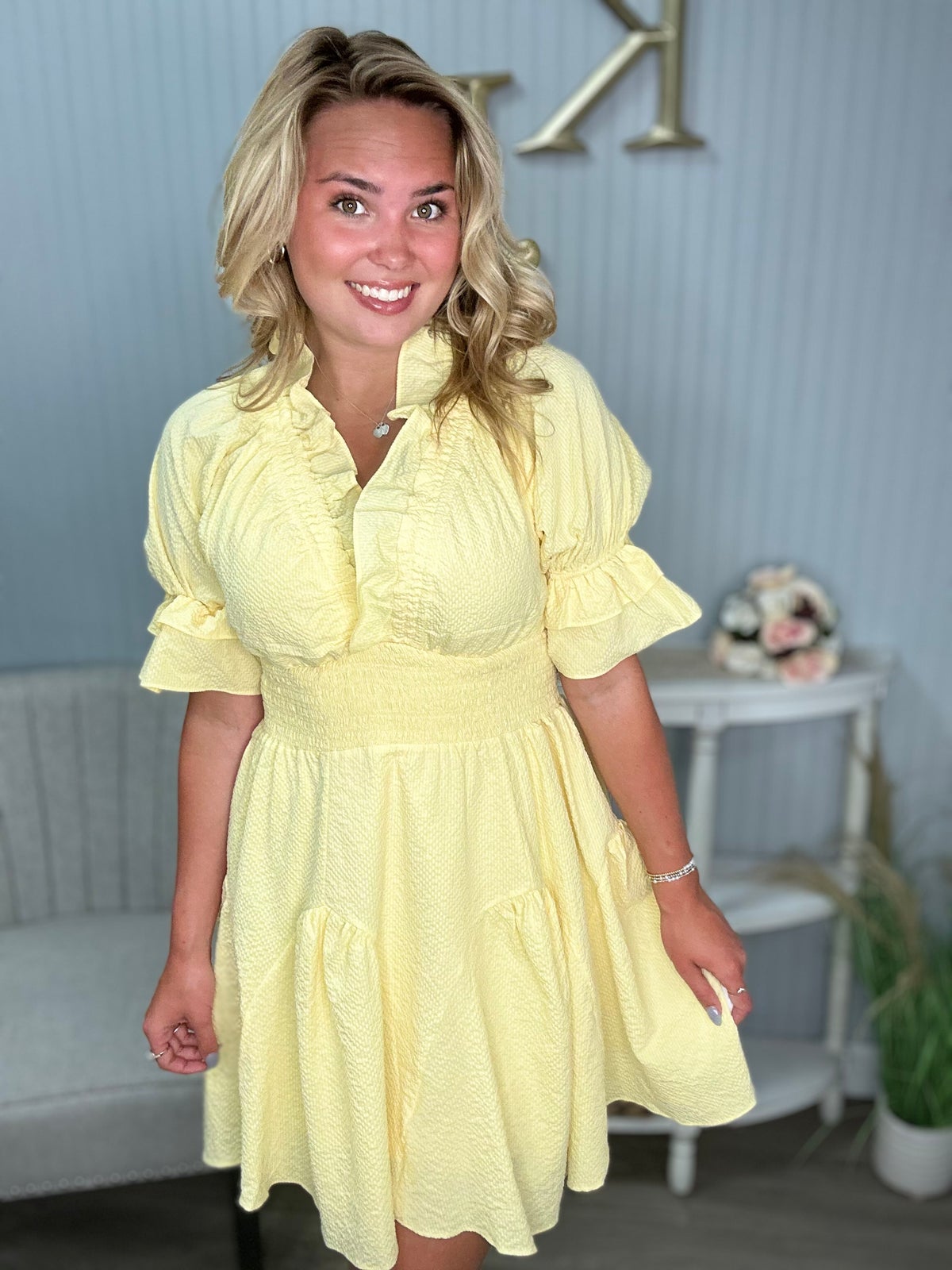 Ice Lemon Ruffle Vneck Tiered Dress