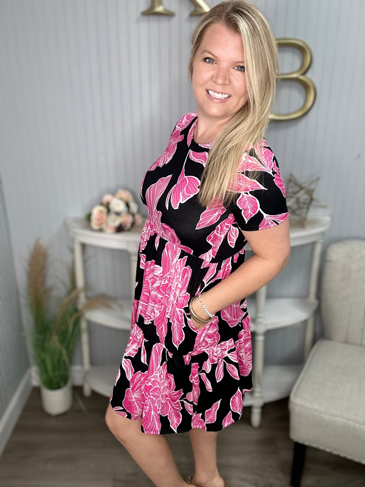 Black Fuchsia Big Floral Buttery Soft Tiered Dress
