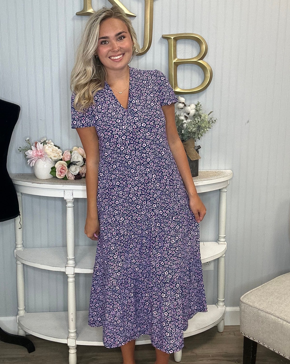 Aryeh Navy Neon Pink Little Flower Tiered Midi Dress | Kaley Jase Boutique