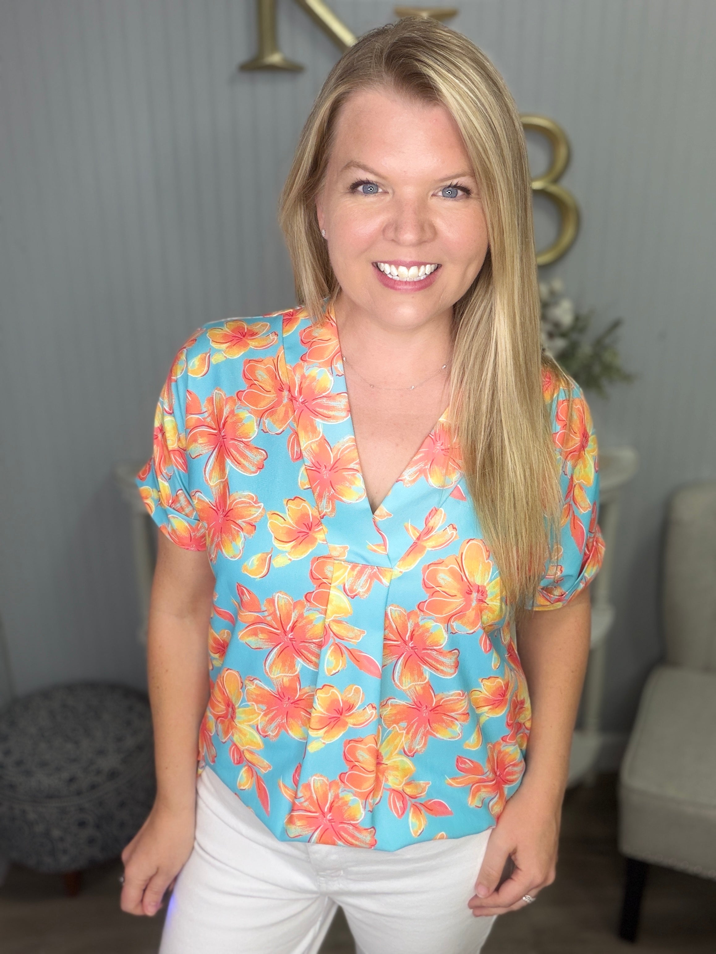 Tropical Flower Dressy Cuffed Sleeve Top | Kaley Jase Boutique