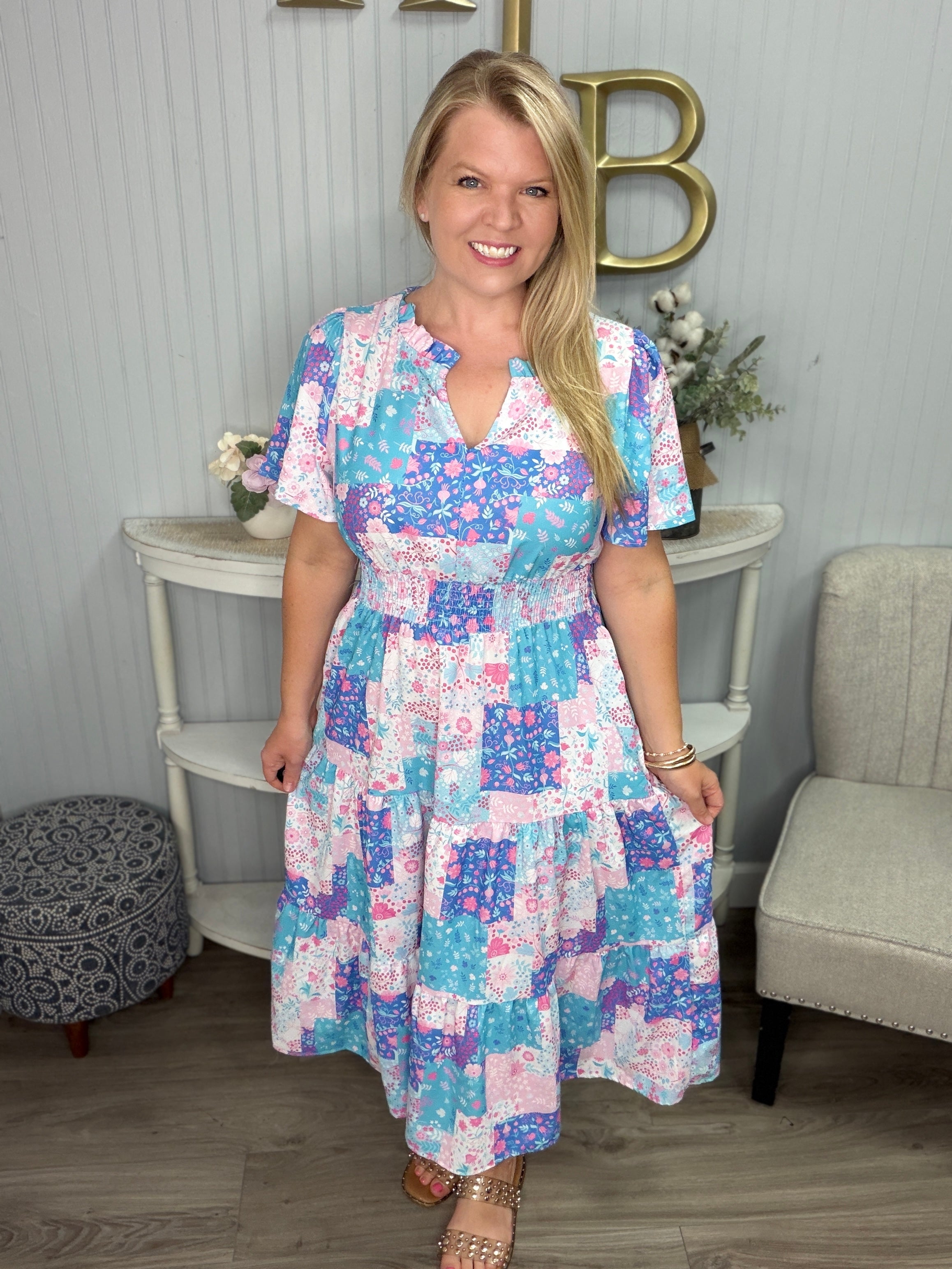 Umgee Blue Pink Big Floral Tiered Bottom Gather Mid Dress | Kaley Jase  Boutique
