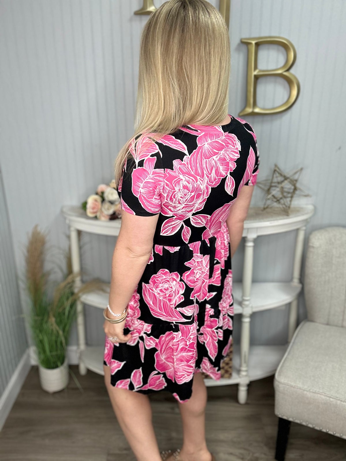 Black Fuchsia Big Floral Buttery Soft Tiered Dress