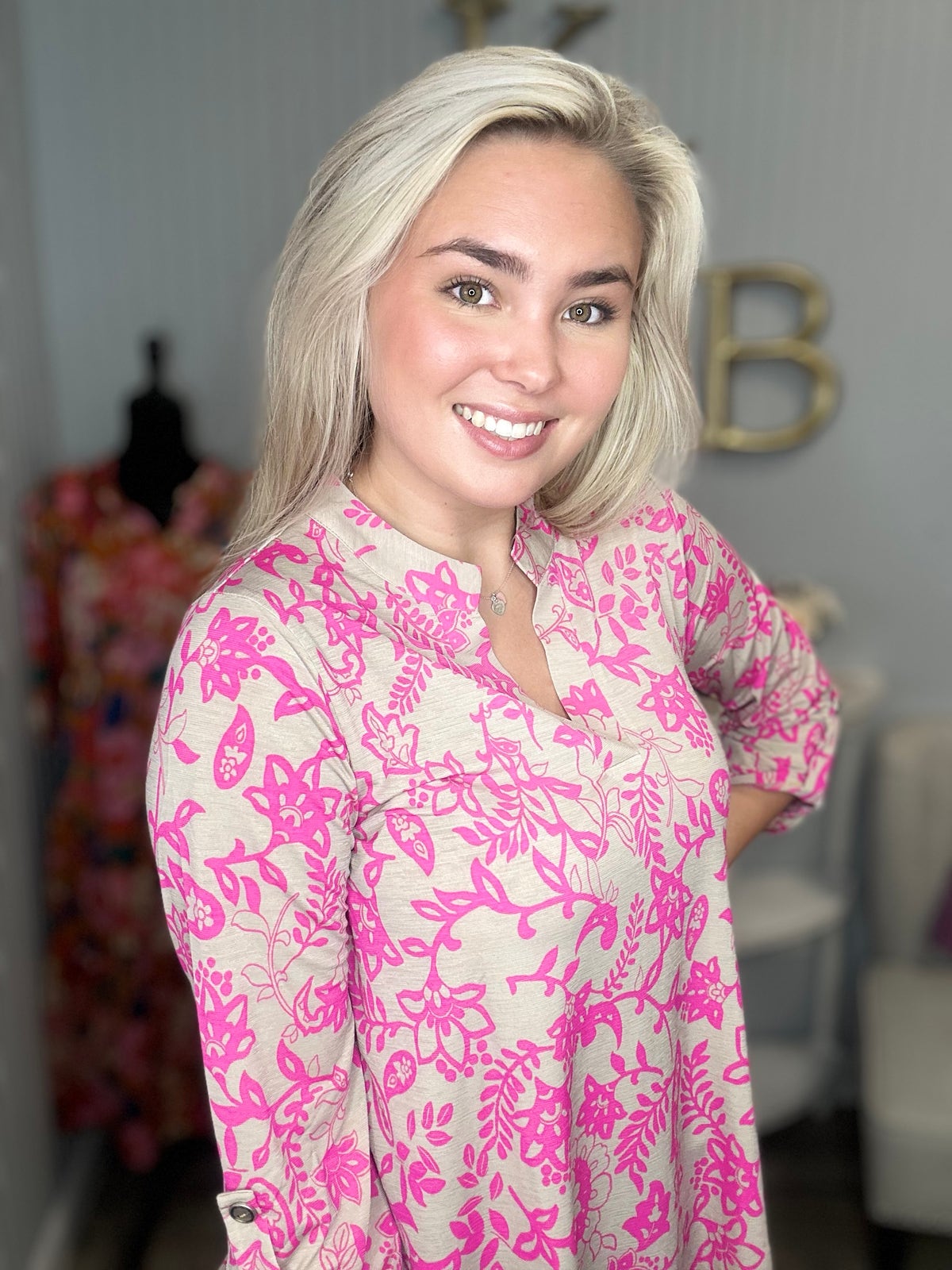 Dear Scarlett Tan Pink Flower Blossom Fine Lizzy Top