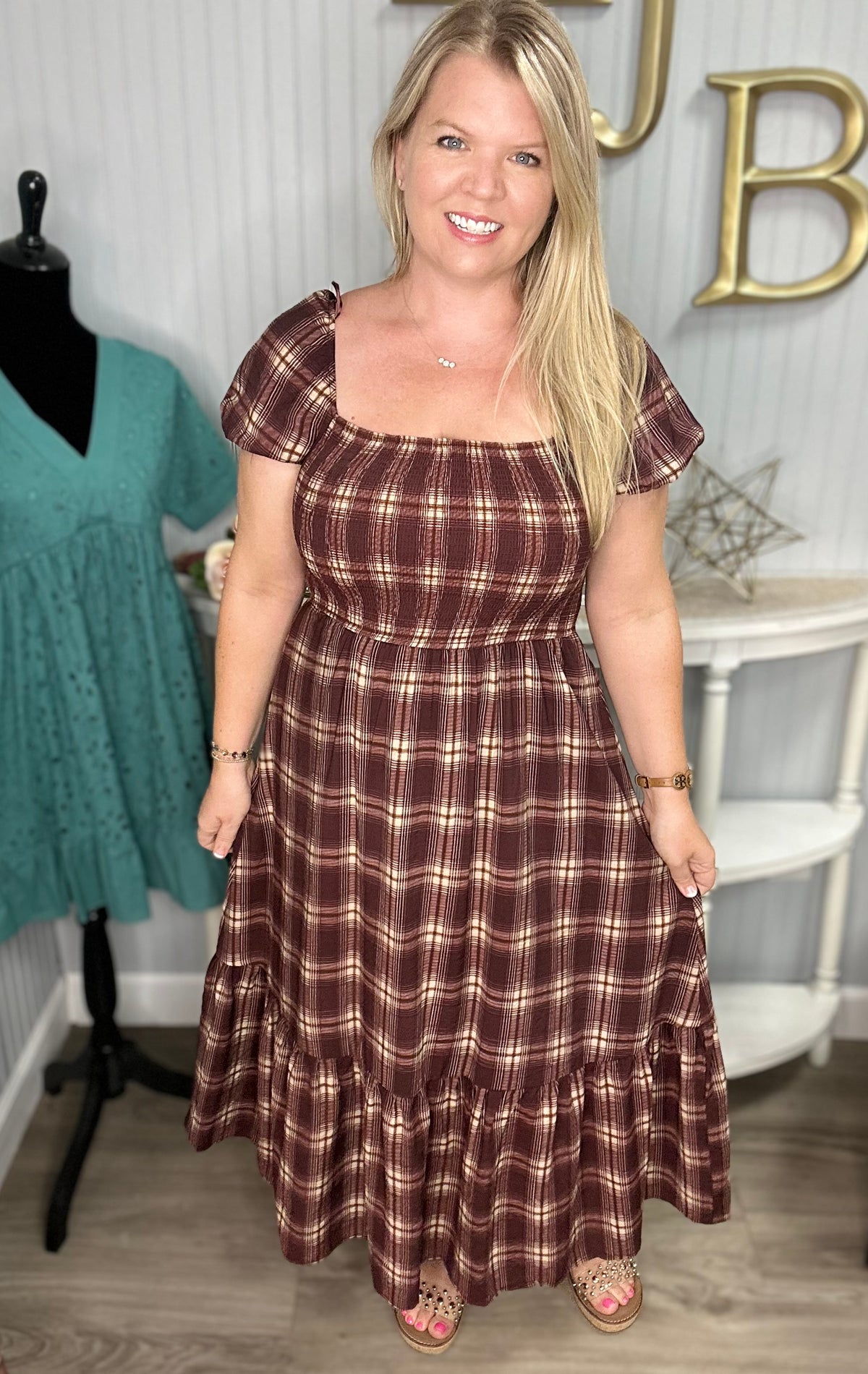 Burgundy Plaid Ruched Tiered Bottom Dress *Final Sale* | Kaley Jase Boutique