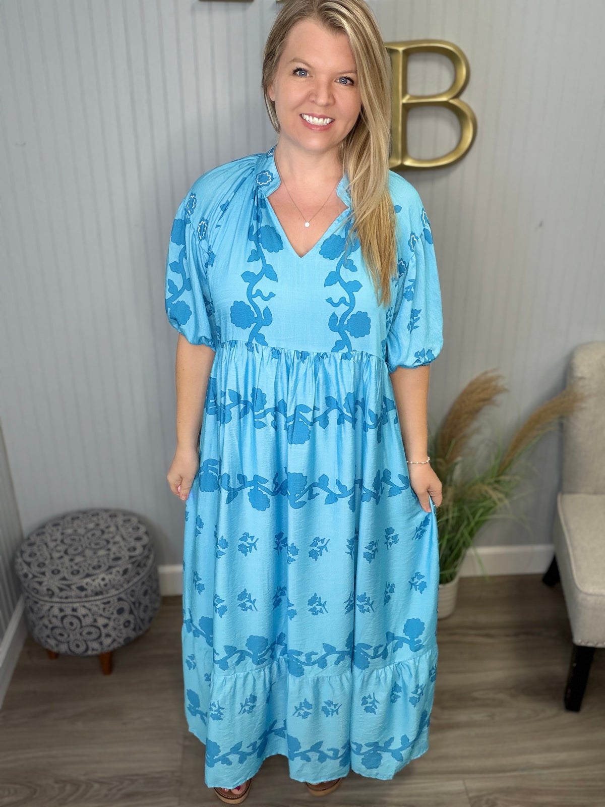 Umgee Vine Stippling Print Maxi Dress in Chambray M