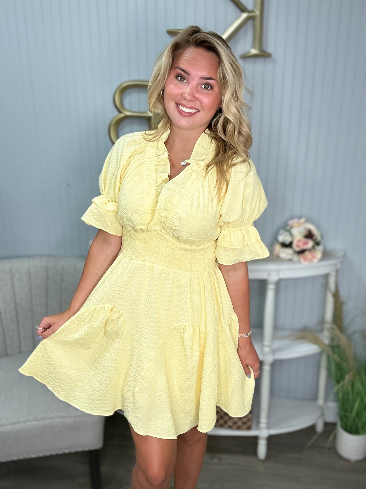 Ice Lemon Ruffle Vneck Tiered Dress