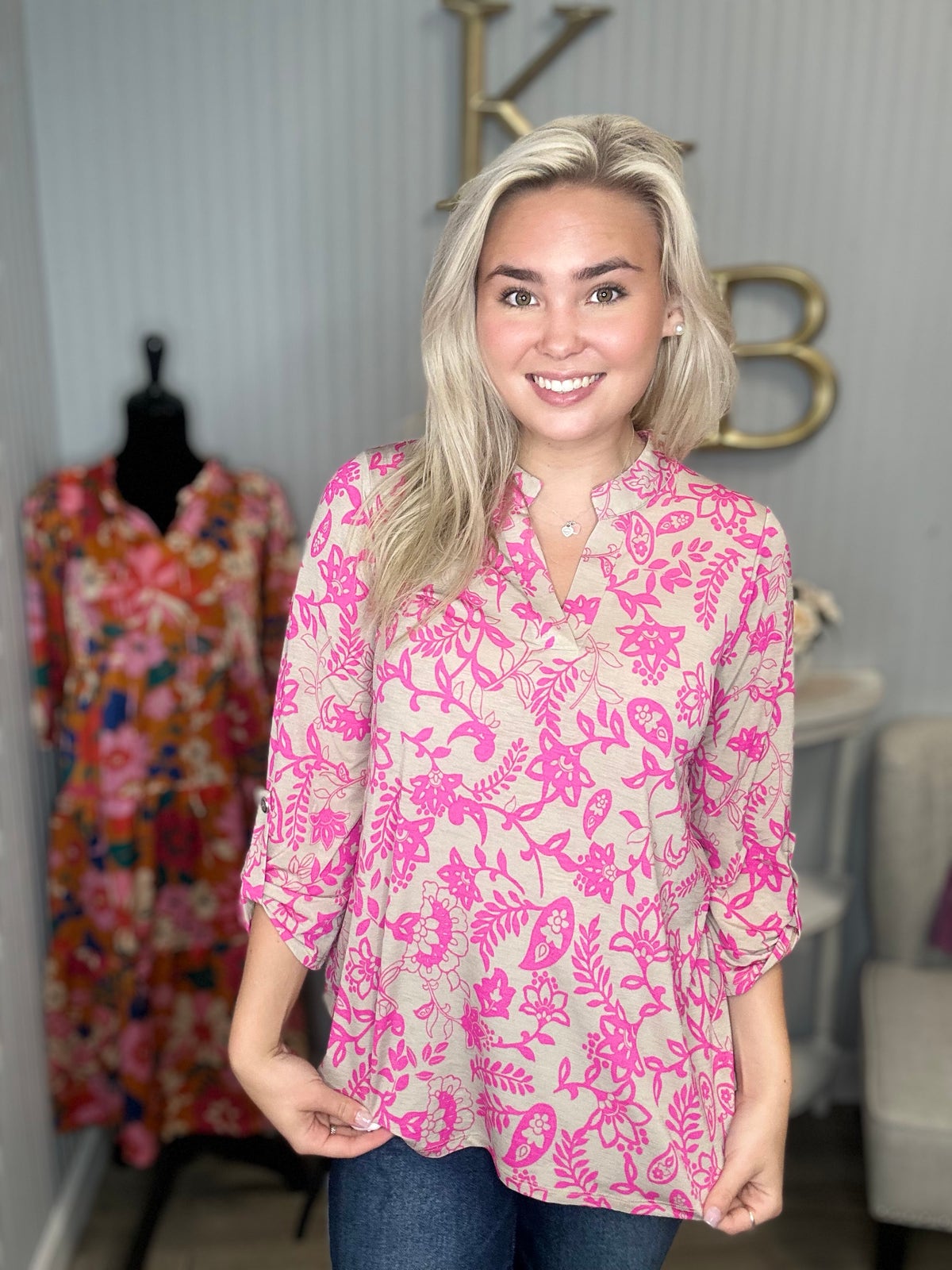 Dear Scarlett Tan Pink Flower Blossom Fine Lizzy Top