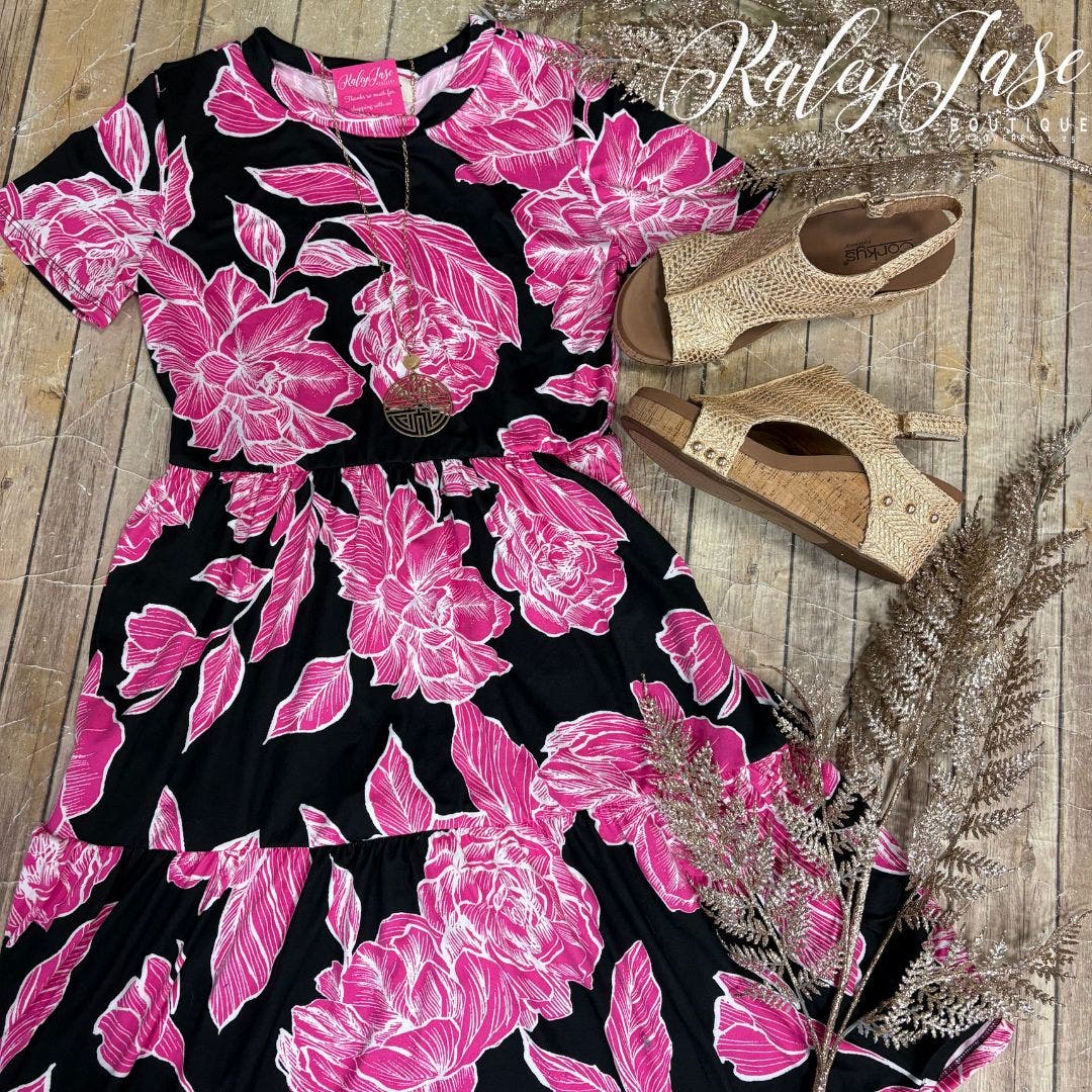 Black Fuchsia Big Floral Buttery Soft Tiered Dress