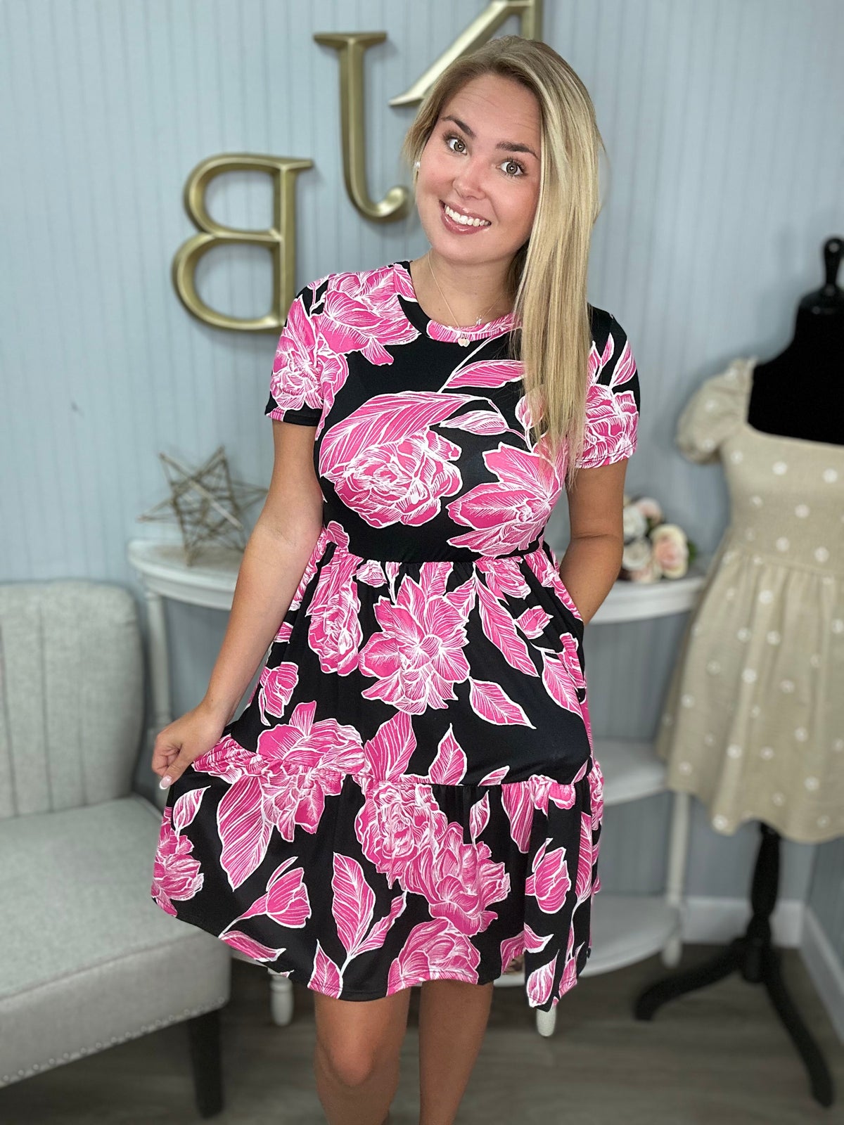 Black Fuchsia Big Floral Buttery Soft Tiered Dress