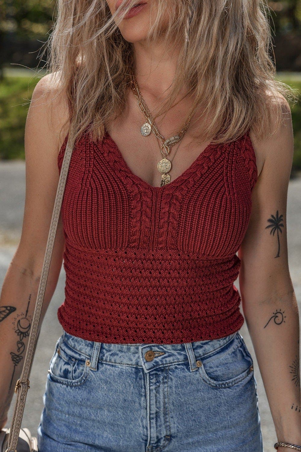 Cable Knit Pointelle Slim Fit V Neck Sweater Vest Kali Rose Boutique