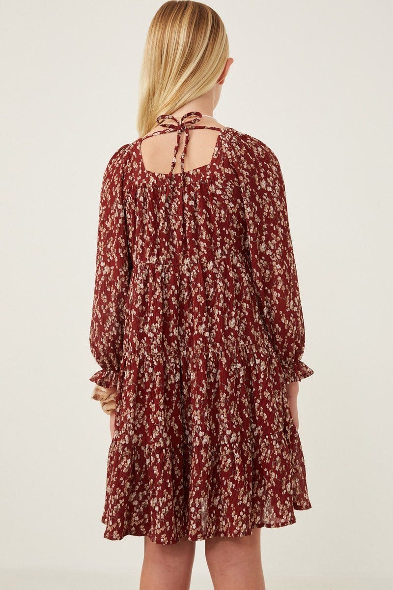 girls burgundy floral dress Floral Velvet Hoodie Ruffle Girls Dress 4 / Burgundy main image 0