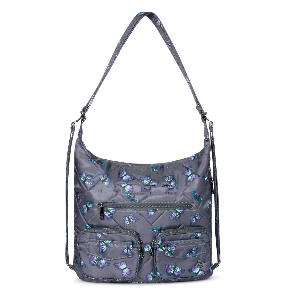 Lug Zipliner Convertible Hobo Backpack Butterfly Gray Purple Quilted Bag New Zipliner 2 Convertible Hobo Bag | Lug main image 2