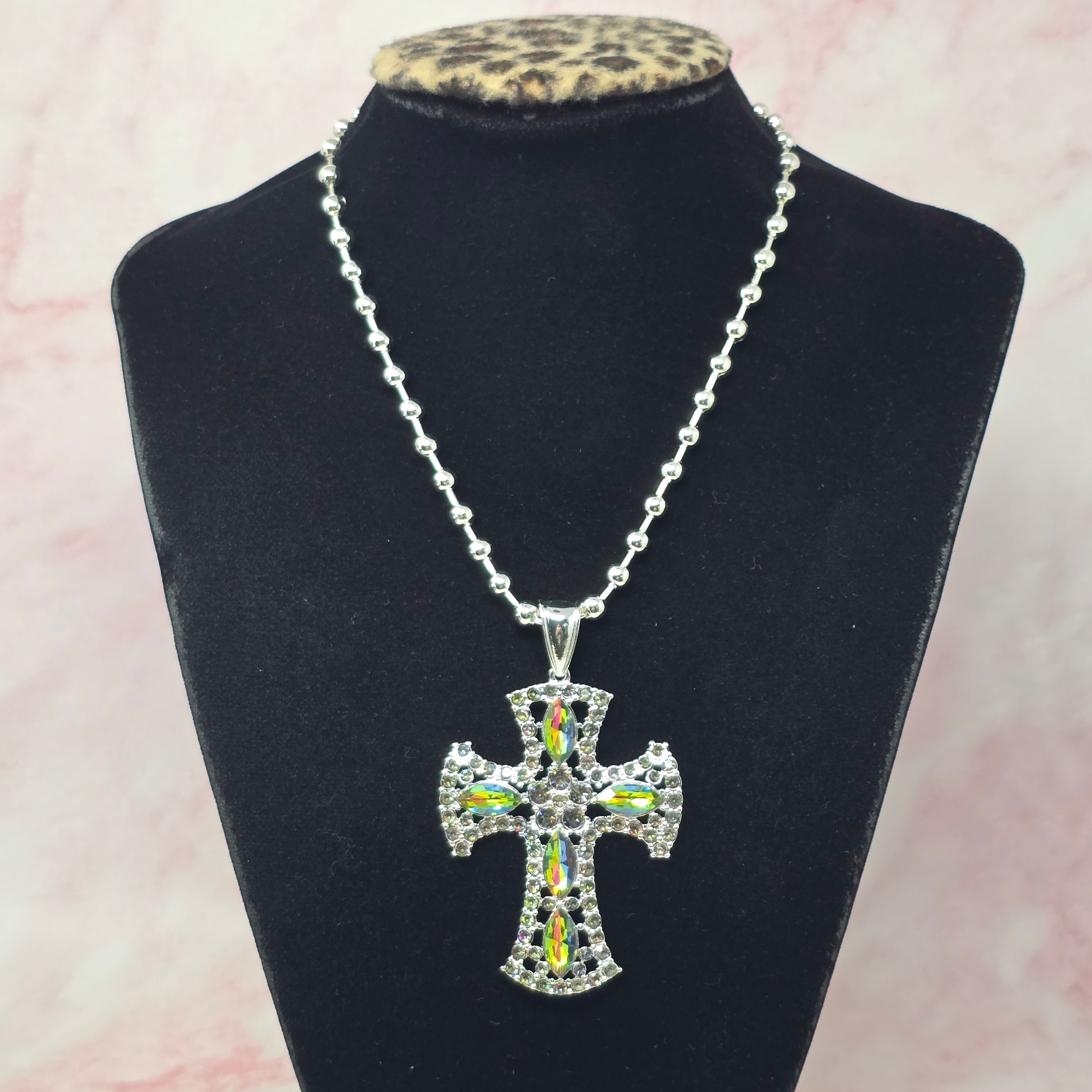 Volcano Rhinestone Silver Cross Necklace - Rebel Raven | Mindy's