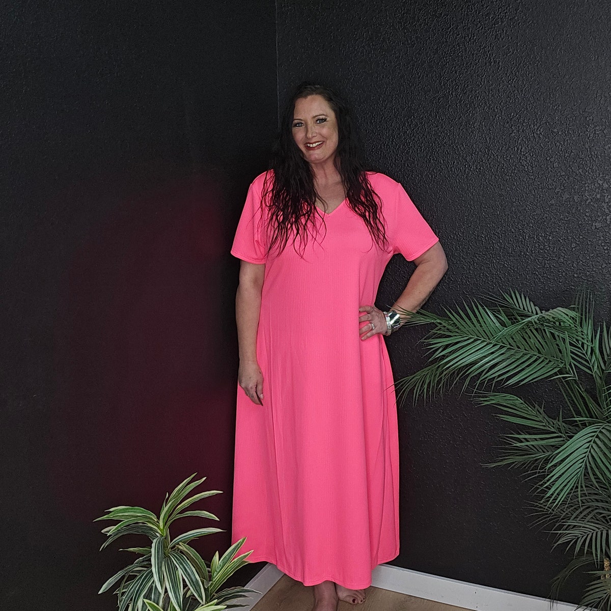 N. Hot Pink V-Neck Ribbed SS Maxi Dress **Rebel Raven | Mindy's Boutique - Join Our Live Sale N. Hot Pink V-Neck Ribbed SS Maxi Dress **Rebel Raven | Mindy's Boutique - Join Our Live Sale