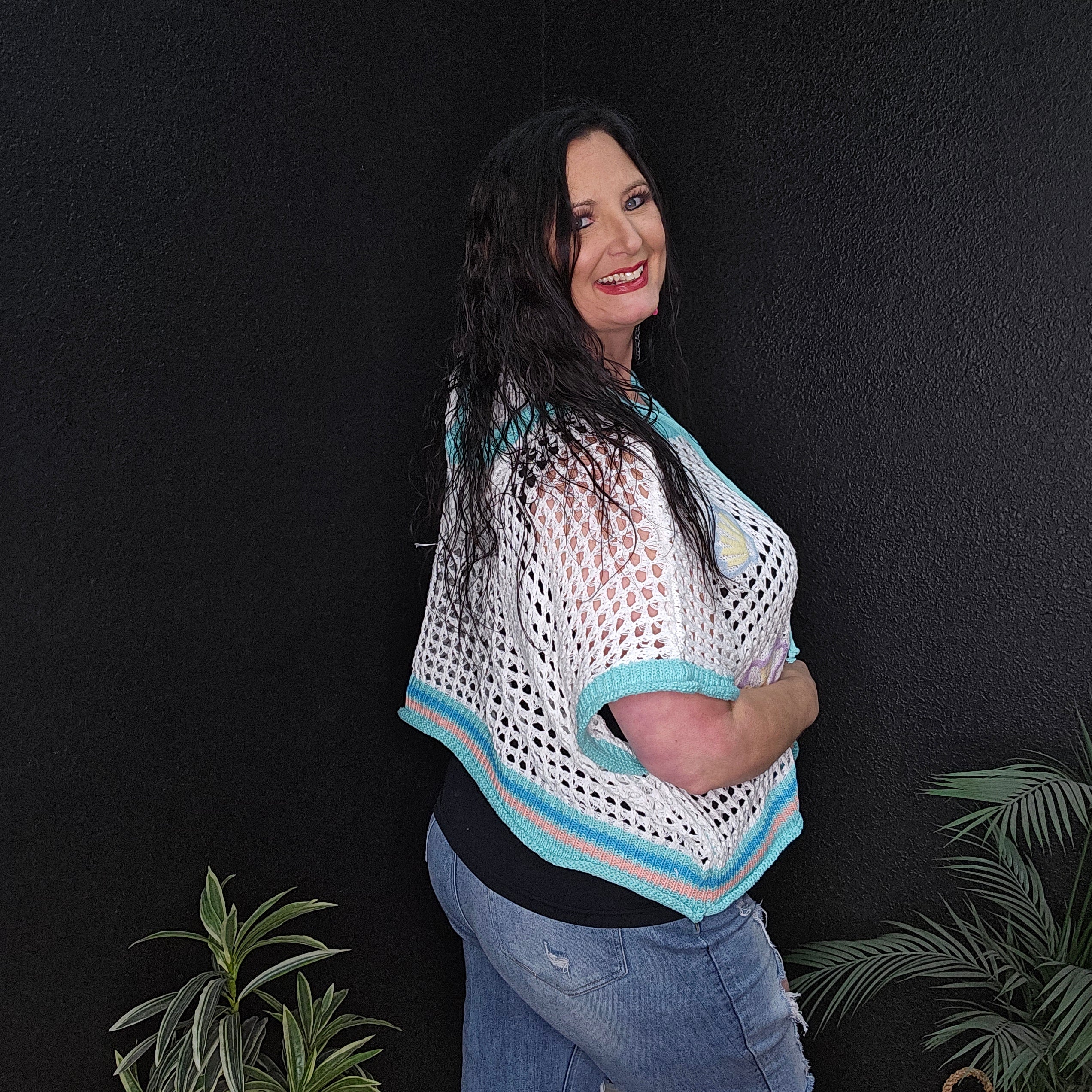 Quasiニットec melodi punkandyo Ivory Jelly Mint Thin Sleeveless Relaxed Crochet Hooded Sweater