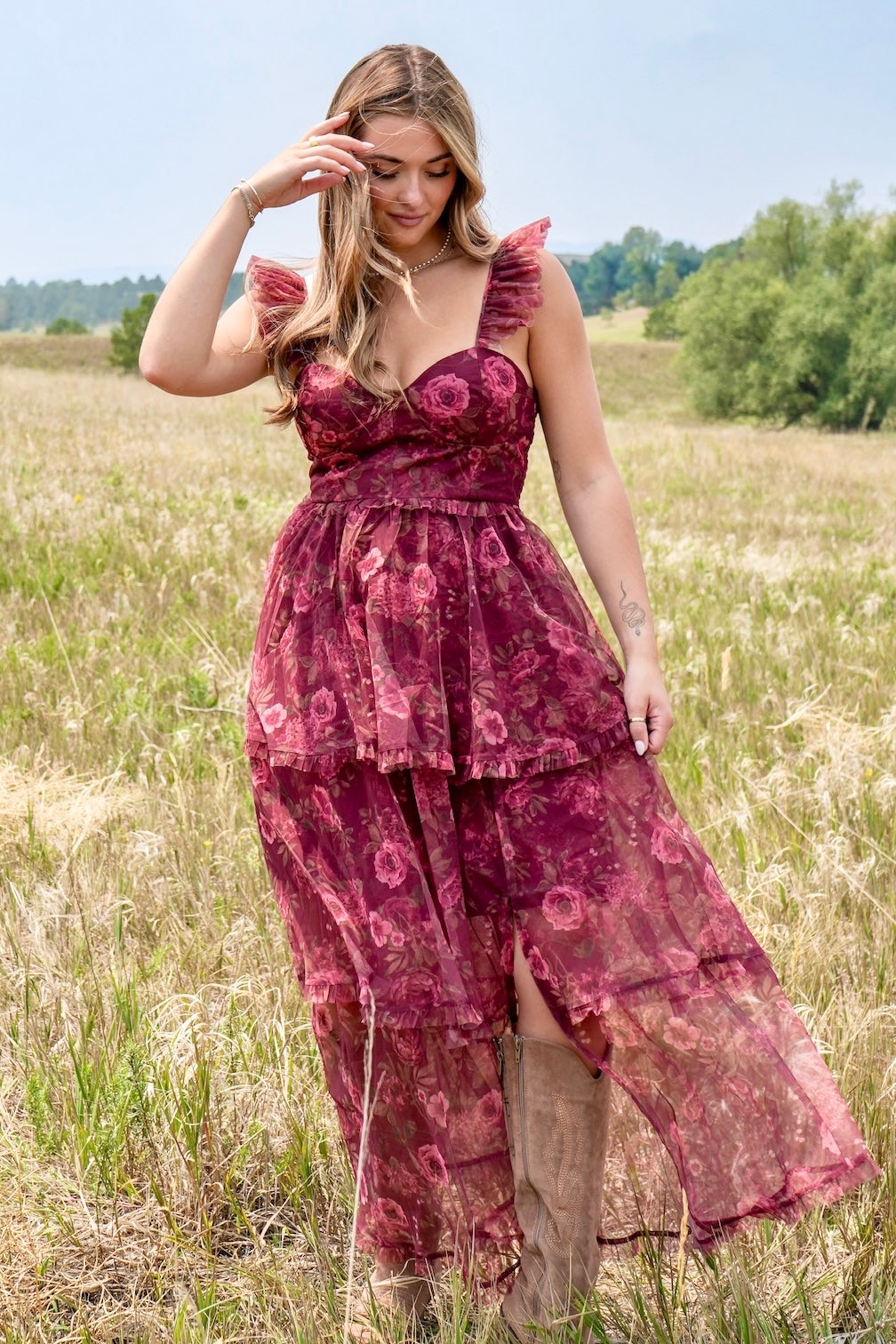 corset tiered dress Rosalie Floral Ruffle Size:WXS 10 Beach Party Outfits YGroup_14642089754989 Floral dress while the ruffled detailing