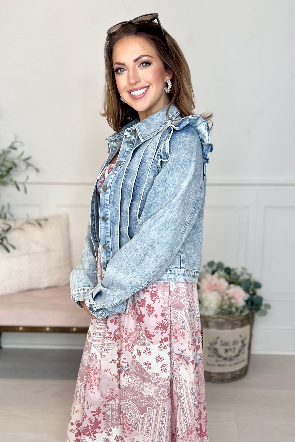Colette Shoulder Ruffle Denim Jacket | Much Ado Boutique | Women's