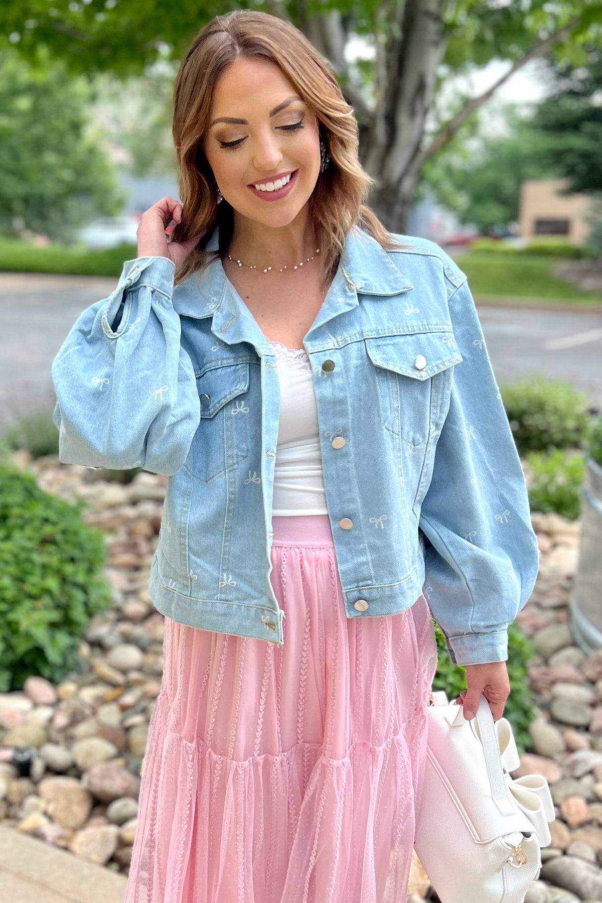 Mandie Bow Print Denim Jacket Much Ado Boutique Women's