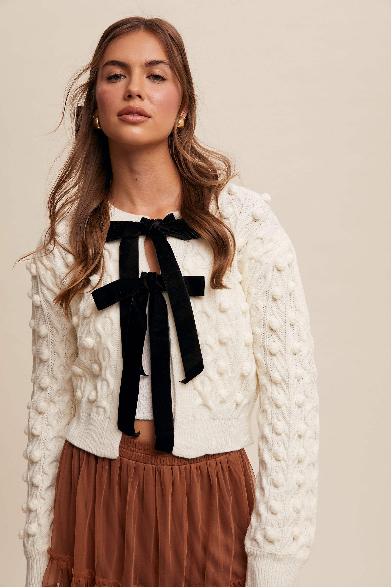 トップス Herlipto Double Bow Cable Knit Cardigan GORGLITTER Women's Bow Cable Knit Cardigan Long Sleeve Tie
