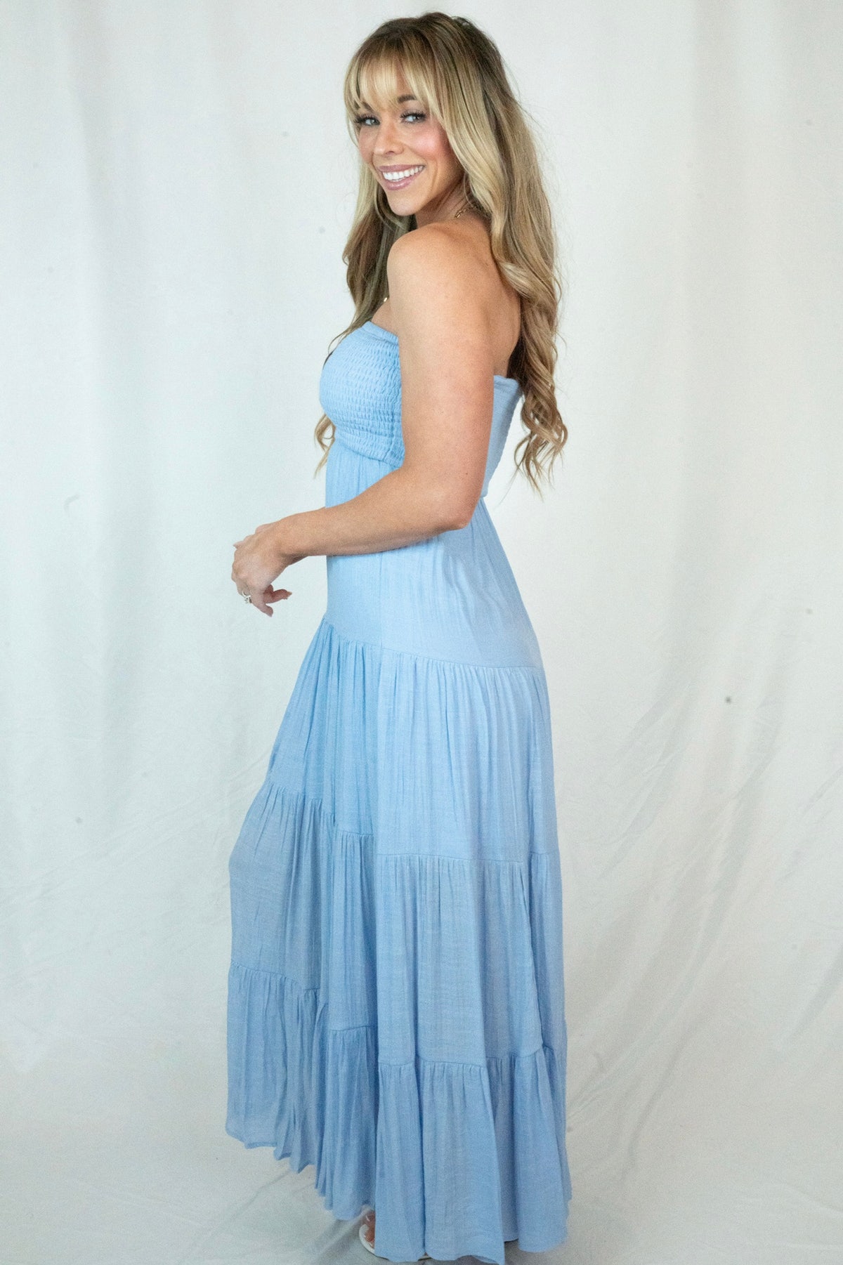 smocked strapless maxi dress Frankies Bikinis Empress in White Smocked Top Strapless Maxi Dress